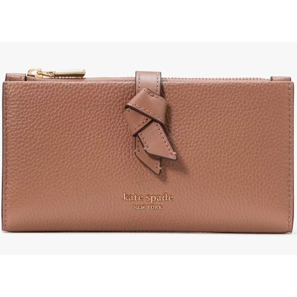 S Kate Spade New York Knott Zip Slim Wallet Beige / Brown Leather KH157 NWT $168